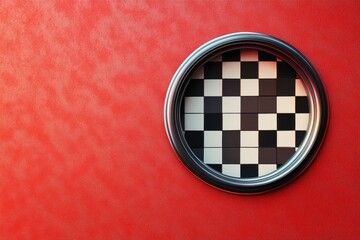 Wall Mural - Checkerboard pattern inside a circular frame on a red wall