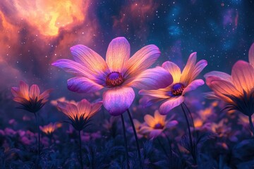 Poster - Luminous cosmos flowers bloom under a vibrant night sky, stars and nebulae creating a magical, dreamy scene.