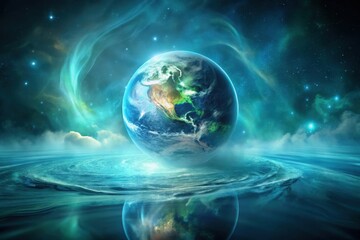 Wall Mural - A Celestial Orb Reflecting in a Tranquil Cosmic Ocean, Surrounded by Ethereal Nebulae and Distant Stars