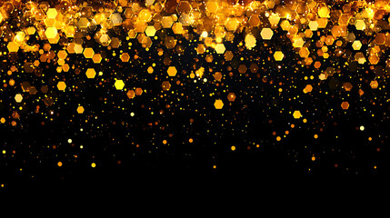 Poster - Shimmering Hexagon Particles Festive Celebration Backdrop with Golden Bokeh on Black Background Design
