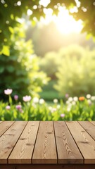 Poster - Empty wooden table with garden bokeh for a catering or food background with a country outdoor theme, Template mock up for display of product