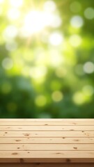Poster - Empty wooden table with garden bokeh for a catering or food background with a country outdoor theme, Template mock up for display of product