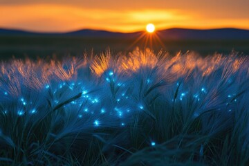 Leinwandbilder - Glowing grass illuminated by sunset, creating a magical, ethereal scene.