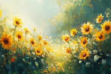 Poster - Sunflowers blooming in a vibrant field, bathed in sunlight, creating a picturesque summer scene.