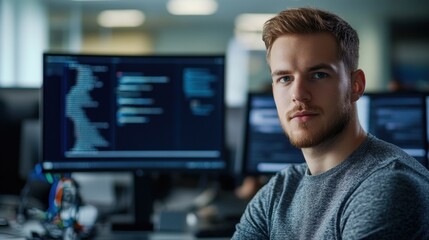 A young European male software developer is seen in a modern workspace, focused on his work with screens displaying code in the background, embodying professionalism and dedication.