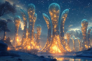 Wall Mural - a surreal, glowing alien forest at twilight, with bioluminescent, towering structures under a starry