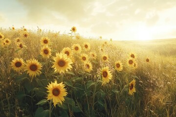 Aufkleber - Golden hour sun shines on a field of sunflowers, creating a breathtaking summer landscape.