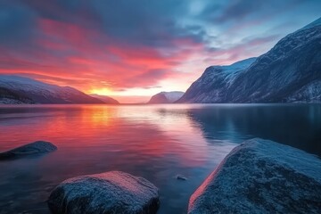 Poster - Stunning sunset time lapse over dramatic fjord landscape with vibrant colors reflecting on calm waters, Sunset time lapse over dramatic fjord landscape, epic beauty ; Flam, Norway