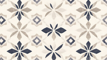 Poster - textile flower and diamond geometric pattern art indigo beige vintage elegant abstract design image