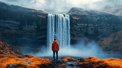 Wall Mural - solitude by the waterfall: a lone figure stands before a majestic waterfall cascading down a dramati