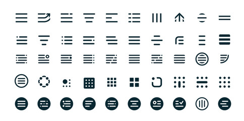 Poster - Hamburger menu icons, web and mobile app elements asset. Minimalist alignment and layout symbols, including horizontal lines, dots, arrows, and circular elements for interface design and applications