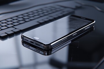 Poster - Phone rises above surface and transforms while resting on sleek desk near keyboard during daytime, The phone rises above the surface and transforms into a graphics tablet