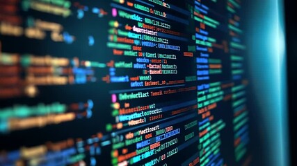 Abstract Close-Up of Colorful Computer Code on a Dark Background with Glowing Effects Representing Technology, Programming, and Digital Innovation