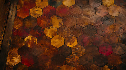 Poster - Vintage Hexagonal Terracotta Tile Floor in Rustic Earth Tones with Aged Texture and Variegated Colors
