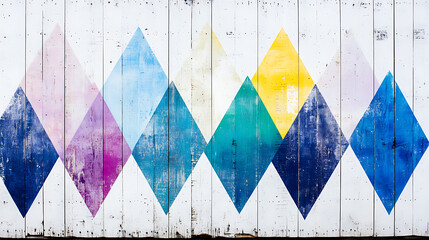 Poster - Weathered White Wooden Wall with Geometric Diamond Shapes Pattern Vintage Painted Background