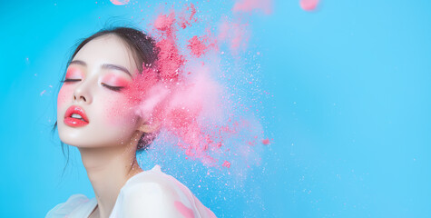 Aufkleber - woman with vibrant pink makeup and powder against blue background