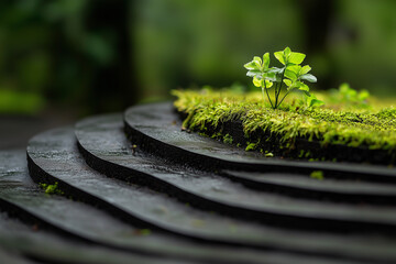 Poster - Young plant growing on mossy stone steps, symbolizing resilience