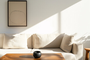 Poster - Neutral sofa in minimalist living room with wooden coffee table
