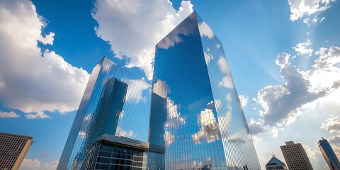 Poster - Modern skyscraper reflecting clouds and blue sky, creating stunning view
