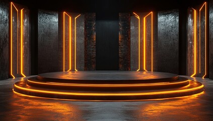 Poster - Circular Stage with Neon Lights: Futuristic Design, Industrial Setting, Dark Ambiance, Glowing Orange Accents, Modern Architecture