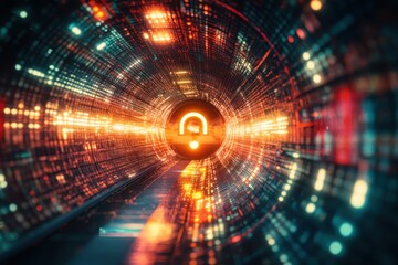 Fototapete - Secure digital environment with padlock symbol and data flow visualization, Security padlock icon and data processing against glowing tunnel