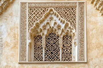 Canvas Print - Ornate architectural window with intricate geometric patterns and calligraphy