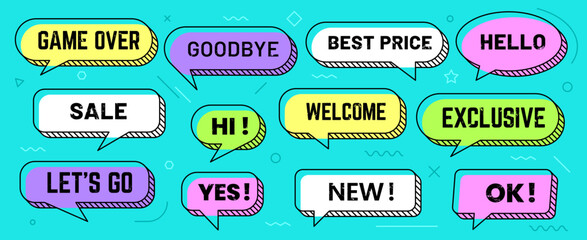 Aufkleber - Memphis speech bubbles isolated vector set. Colorful dialog and chat clouds of oval or square shapes with typography words. Goodbye, game over, best price, sale, yes, hi, welcome, exclusive, lets go