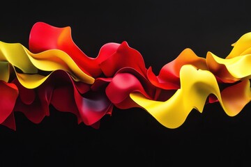 Poster - Red and yellow shapes gracefully move across a striking black background in captivating dance, red and yellow shapes moving on black background