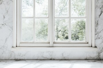 Poster - Window with white frame looking out to green trees