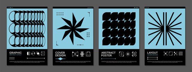 Aufkleber - Vertical brutal y2k posters with geometric shapes. Abstract vector modern creative templates featuring faded blue and black colors creating contemporary graphic design for retro y2k art exhibitions