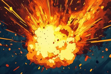 Poster - Cartoon explosion effect showing dynamic motion with fiery colors and energy bursts in a dramatic display, 2D Cartoon FX Explosion effect