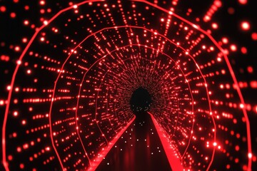 Poster - Exploring a digital tunnel of red neon shapes set against a black background in an abstract design, digital tunnel of red neon shapes on black background