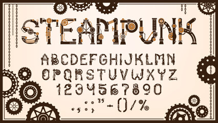 Poster - Steampunk gear font or mechanic type and machine English alphabet, vector typeface. Steampunk ABC letters of retro type or typeface with steam machine mechanic gears, cogwheels and chains typography
