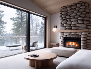Poster - a cozy winter cabin with a crackling fireplace, the scent of pine and cinnamon in the air, warm ambi