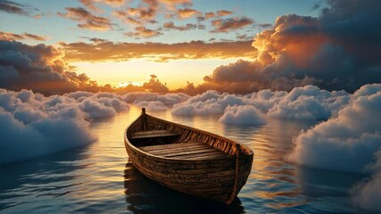 Wall Mural - a boat adrift in a sea of clouds: a small wooden boat sits serenely on a calm sea of clouds, bathed 