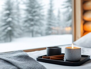 Poster - A cozy winter cabin with a crackling fireplace, the scent of pine and cinnamon in the air, warm ambient lighting, soft textures, multisensorial immersion, rustic charm, snow falling outside, inviting