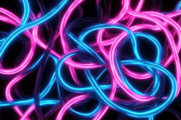 Poster - Neon lines intertwine in a vibrant display on a dark background, 3d render with blue and pink neon lines on black background