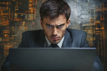 Poster - Caucasian business professional engages in serious data analysis during nighttime, monitor data processing over caucasian businessman