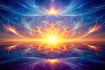 Wall Mural - Celestial Bloom A Serene Vision of Radiant Energy and Harmonious Cosmic Patterns Reflected in a Tranquil, Ethereal Landscape