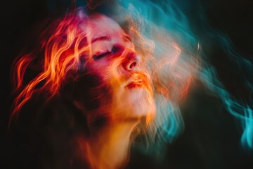 Poster - Multicolored abstract background blending with blurred facial features in a dreamlike atmosphere, abstract glowing background with multicolored blurred gradients moving on dark
