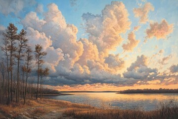 Poster - Stunning clouds reflect vibrant colors over a tranquil lake at sunset near a serene forest, Clouds at sunset