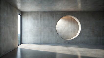 Wall Mural - Modern minimalist interior design showcasing a circular cutout and a large window in a concrete room