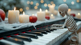 Skeleton playing piano with candles, winter bokeh