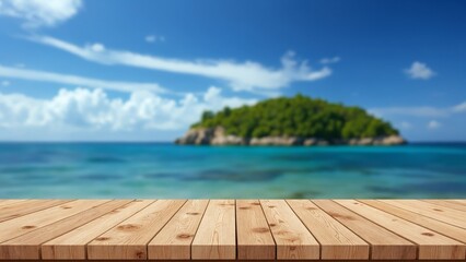 Poster - Wooden table on the background of the sea, island and the blue sky