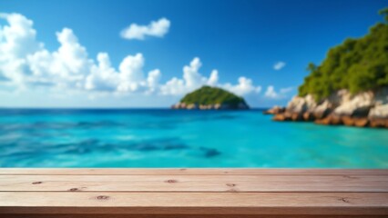 Poster - Wooden table on the background of the sea, island and the blue sky