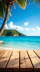 Poster - Wooden table on the background of the sea, island and the blue sky