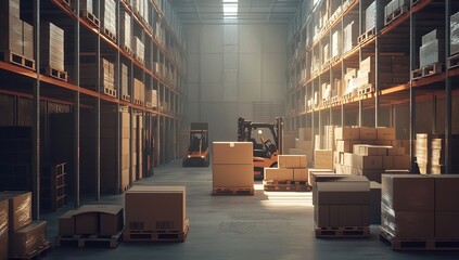 Poster - Forklifts Efficiently Move Cardboard Boxes in a Warehouse, Sunlit Aisles Show Organized Inventory.