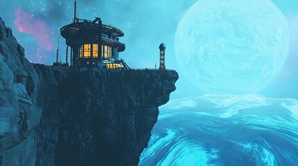 Futuristic space station on a rocky cliff overlooking a giant glowing blue planet. A sci-fi landscape with a surreal and otherworldly atmosphere. Generative AI.