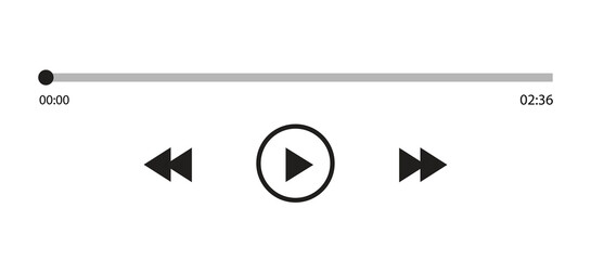 Music or video play bar icon on white background. Audio player for songs or podcast playlist. Loading bar with time slider, pause, rewind and fast forward buttons