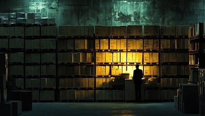 Poster - Warehouse Inventory Worker Checks Cardboard Boxes at Night in a Dark Storage Facility